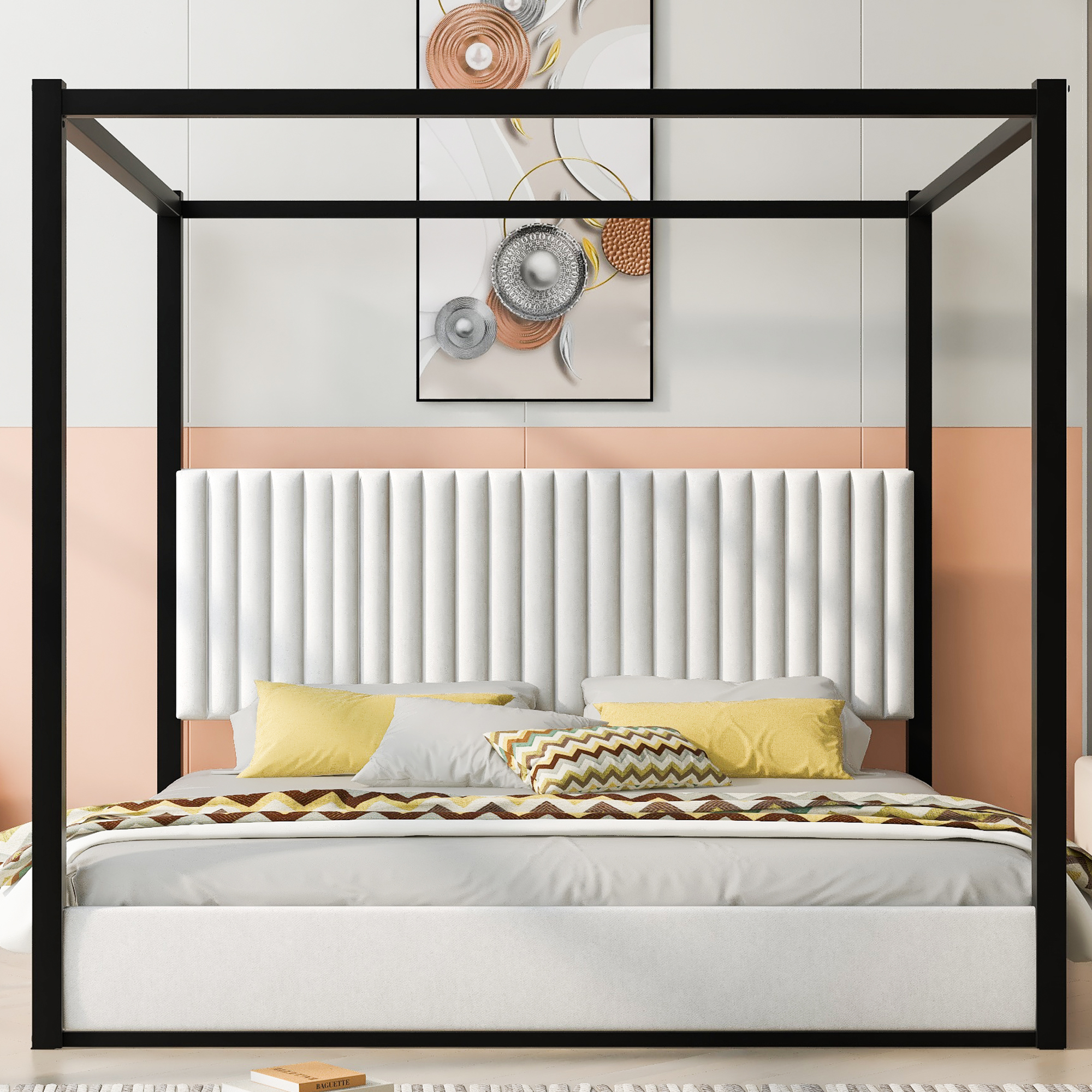 King Size Upholstery Canopy Platform Bed with Headboard and Metal Frame 4 King Size Upholstery Canopy Platform Bed with Headboard and Metal Frame