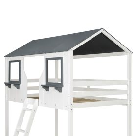 Wood Twin Over Twin Bunk Bed with Roof, Window, Guardrail, Ladder