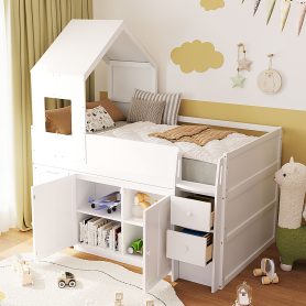 Twin Size Wooden Loft Bed With Desk, Drawers and Cabinets