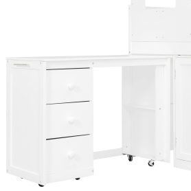 Twin Size Wooden Loft Bed With Desk, Drawers and Cabinets