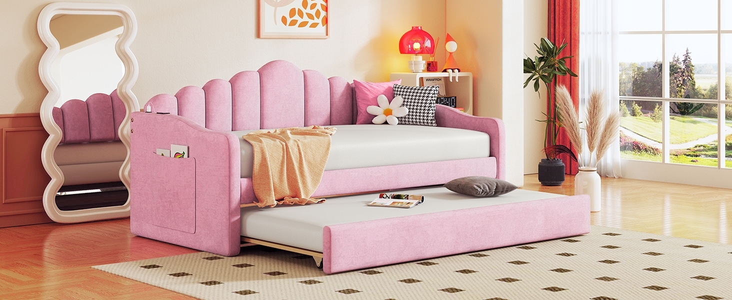 Twin Size Upholstered Daybed with Trundle ,Velvet Sofabed with USB Charging Ports 16 Twin Size Upholstered Daybed with Trundle ,Velvet Sofabed with USB Charging Ports