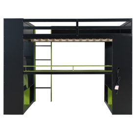 Full Size Wood Loft Bed with Power Outlet & USB/Type-C Ports, Integrated Cable Management, and RGB Light