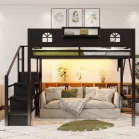 Metal Queen Size Loft Bed with High and House Shaped Guardrails 23 Metal Queen Size Loft Bed with High and House Shaped Guardrails