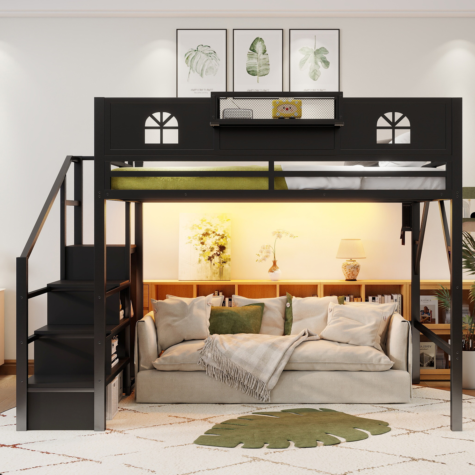 Metal Queen Size Loft Bed with High and House Shaped Guardrails 6 Metal Queen Size Loft Bed with High and House Shaped Guardrails