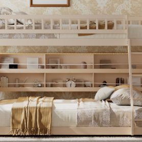 Twin XL over Queen Bunk Bed with Integrated Shelving, Color-Changing Lights and Pegboard