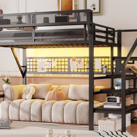 Metal Queen Size High Loft Bed With Stairs, Light And Storage