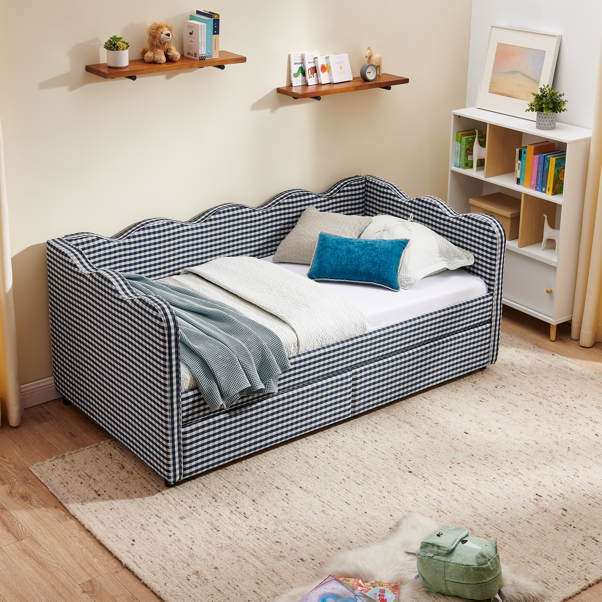 Twin Size Daybed With Two Storage Drawers, USB Port And Adorable Wave Shaped 7 Twin Size Daybed With Two Storage Drawers, USB Port And Adorable Wave Shaped