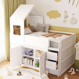 Twin Size Wooden Loft Bed With Desk, Drawers and Cabinets