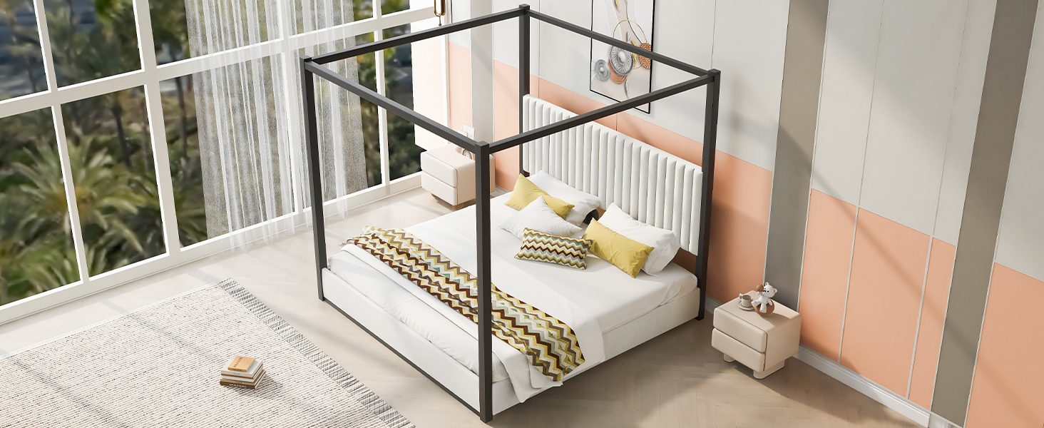 King Size Upholstery Canopy Platform Bed with Headboard and Metal Frame 10 King Size Upholstery Canopy Platform Bed with Headboard and Metal Frame