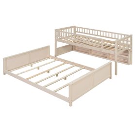Twin XL over Queen Bunk Bed with Integrated Shelving, Color-Changing Lights and Pegboard