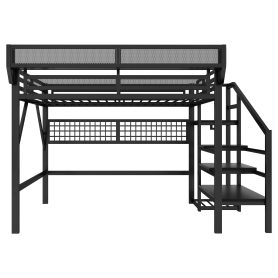 Metal Queen Size High Loft Bed With Stairs, Light And Storage