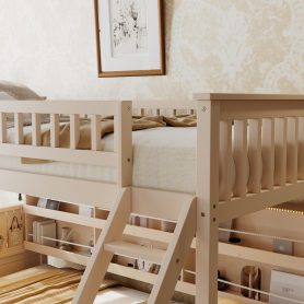 Twin XL over Queen Bunk Bed with Integrated Shelving, Color-Changing Lights and Pegboard