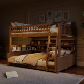 Full XL over Queen Bunk Bed with Integrated Shelving, Color-Changing Lights and Pegboard