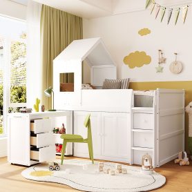 Twin Size Wooden Loft Bed With Desk, Drawers and Cabinets