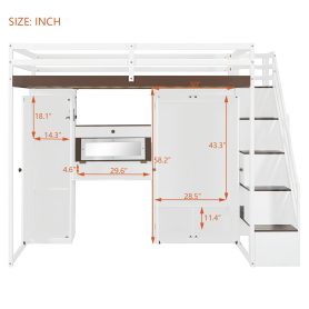 Full Size Loft Bed With Storage Staircase, Built-in Dressing Table, Wardrobe & Cabinets, USB Charging Ports And Lights
