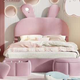 Full Size Platform Bed with Cartoon Ears Shaped Headboard and Light