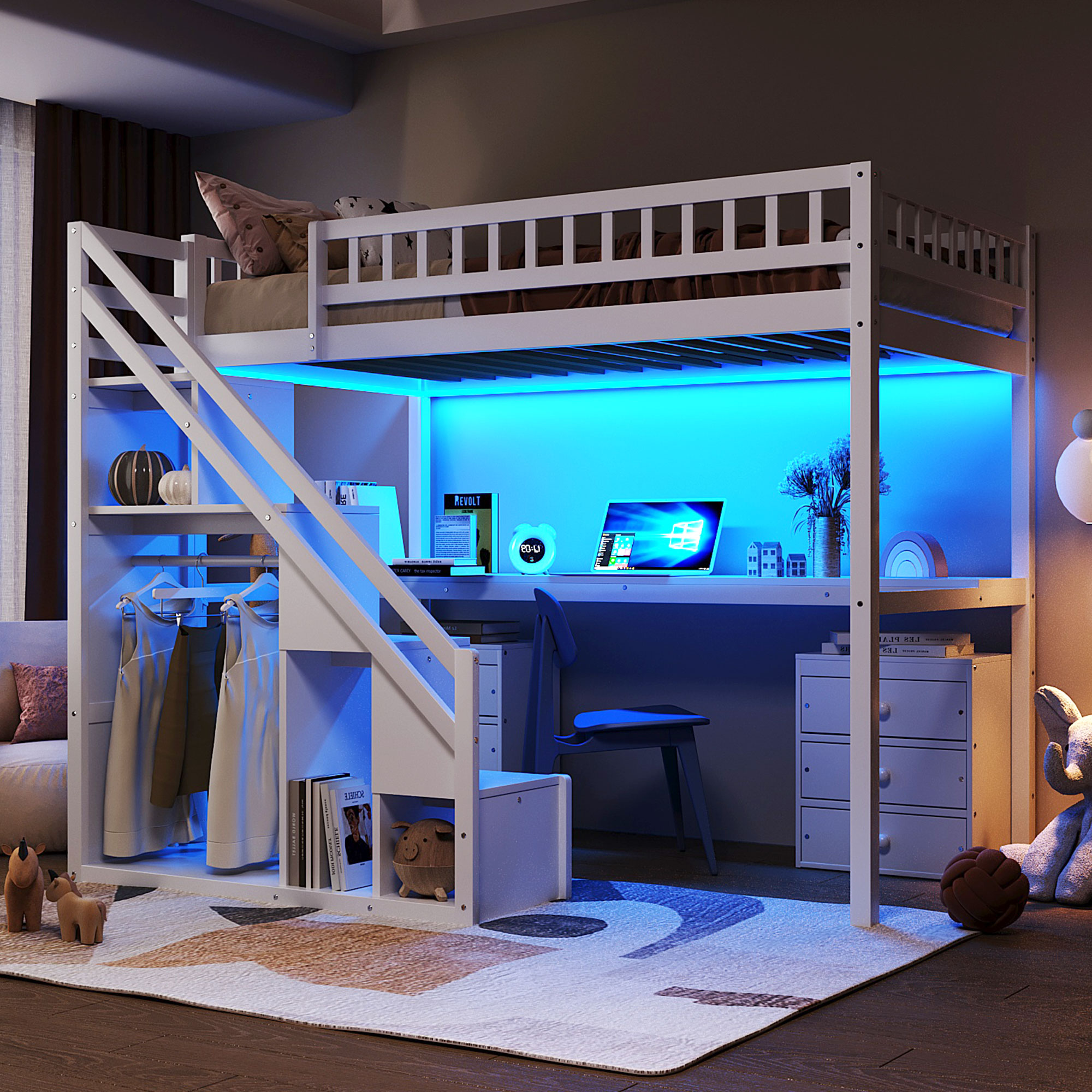 Twin Size Loft Bed with Two Chest of Drawers, Desk and Light Strip 5 Twin Size Loft Bed with Two Chest of Drawers, Desk and Light Strip