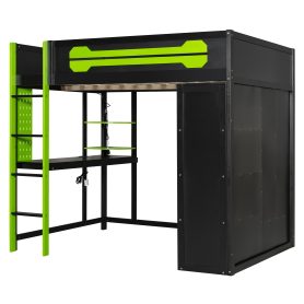 Full Size Wood Loft Bed with Desk, Open Wardrobe and RGB Light
