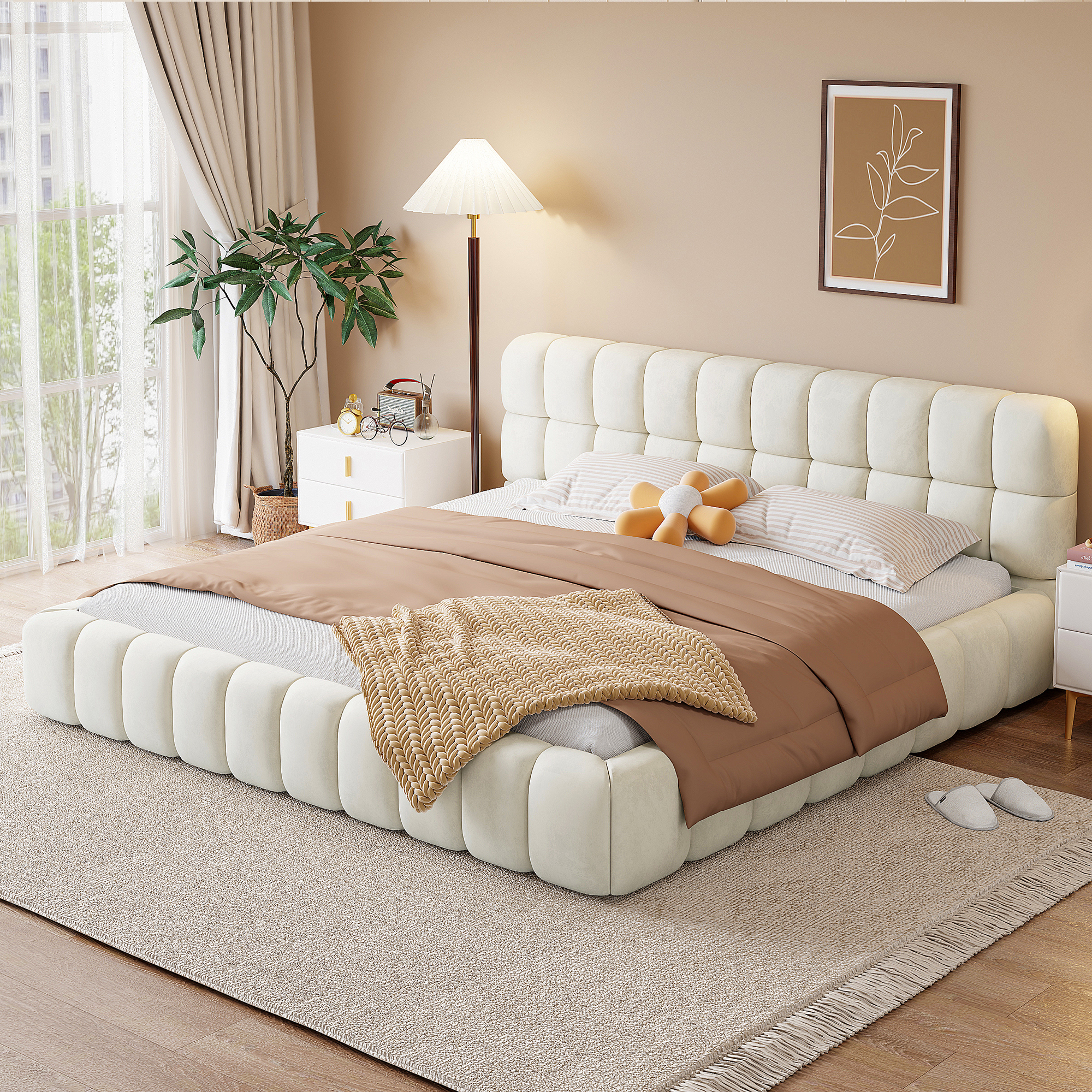 King Size Upholstered Platform Bed with Thick Fabric