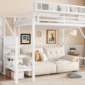 Twin Size High Loft Bed with Wardrobe and Storage Shelves