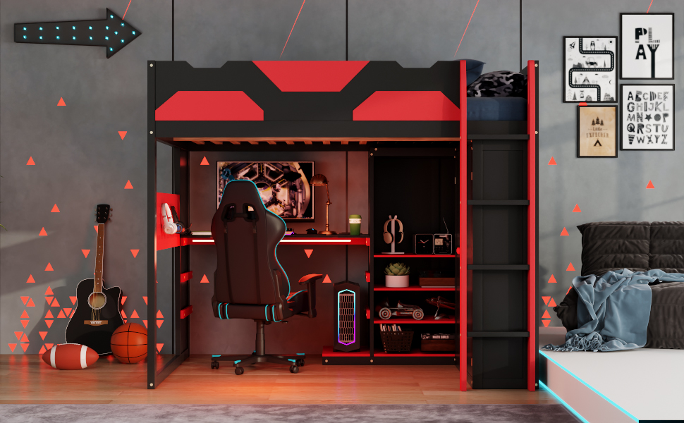 Full Size Wood Loft Bed with Desk, Multi-storage Shelves,USB and RGB Light 20 Full Size Wood Loft Bed with Desk, Multi-storage Shelves,USB and RGB Light