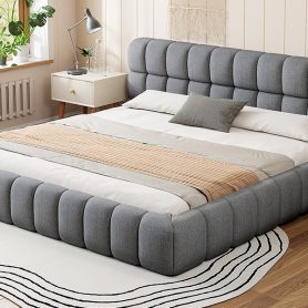King Size Upholstered Platform Bed with Thick Fabric