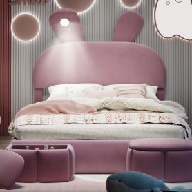 Full Size Platform Bed with Cartoon Ears Shaped Headboard and Light