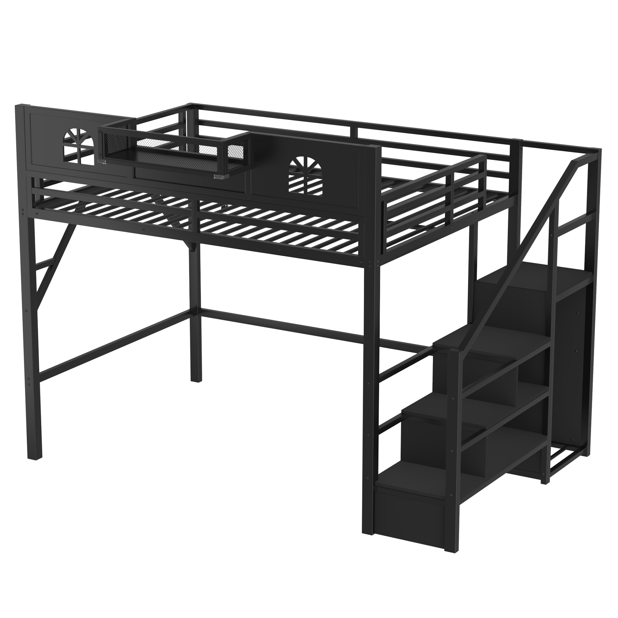 Metal Queen Size Loft Bed with High and House Shaped Guardrails 16 Metal Queen Size Loft Bed with High and House Shaped Guardrails