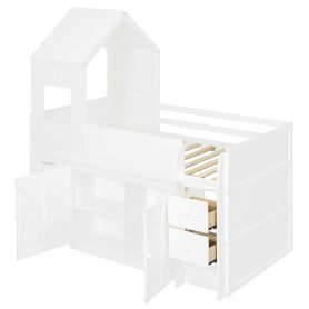 Twin Size Wooden Loft Bed With Desk, Drawers and Cabinets