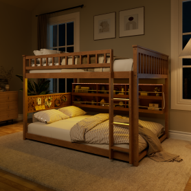 Full Over Full Bunk Bed With Integrated Shelving, Color-changing Lights And Pegboard