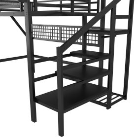 Metal Queen Size High Loft Bed With Stairs, Light And Storage
