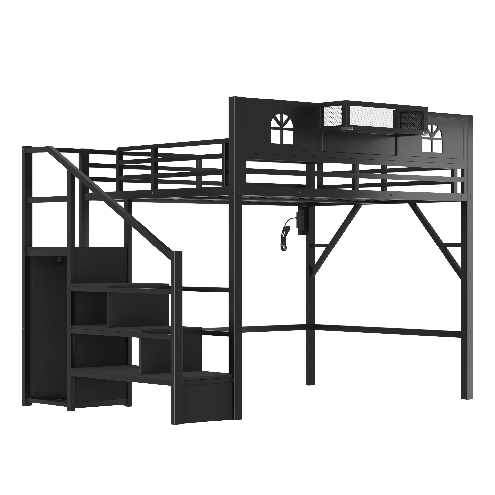 Metal Queen Size Loft Bed with High and House Shaped Guardrails 11 Metal Queen Size Loft Bed with High and House Shaped Guardrails