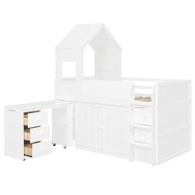 Twin Size Wooden Loft Bed With Desk, Drawers and Cabinets