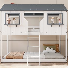 Wood Twin Over Twin Bunk Bed with Roof, Window, Guardrail, Ladder