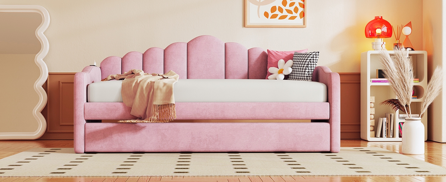 Twin Size Upholstered Daybed with Trundle ,Velvet Sofabed with USB Charging Ports 18 Twin Size Upholstered Daybed with Trundle ,Velvet Sofabed with USB Charging Ports