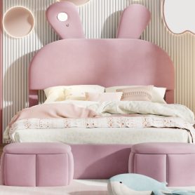 Full Size Platform Bed with Cartoon Ears Shaped Headboard and Light