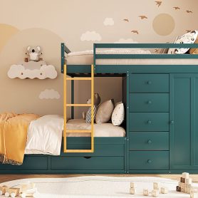 Full Size Bunk Bed With 2 Large Drawers, 5 Small Drawers and Small Wardrobe