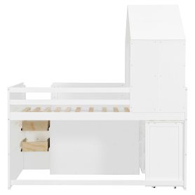 Twin Size Wooden Loft Bed With Desk, Drawers and Cabinets