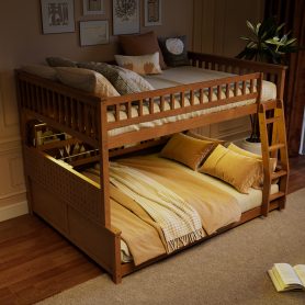 Full XL over Queen Bunk Bed with Integrated Shelving, Color-Changing Lights and Pegboard