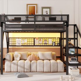 Metal Queen Size High Loft Bed With Stairs, Light And Storage