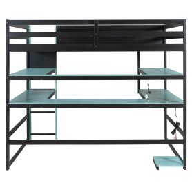 Full Size Wood Loft Bed With Desk, Side Storage Rack, Multi-storage Shelves And RGB Light