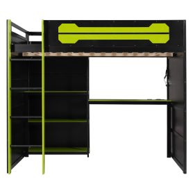 Full Size Wooden Gaming Loft Bed with Storage Shelves, Desk, USB & Power Outlet, and LED Light