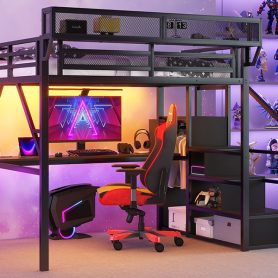 Metal Queen Size Loft Bed With Desk, Charging Station, Stairs And Light 47 Metal Queen Size Loft Bed With Desk, Charging Station, Stairs And Light