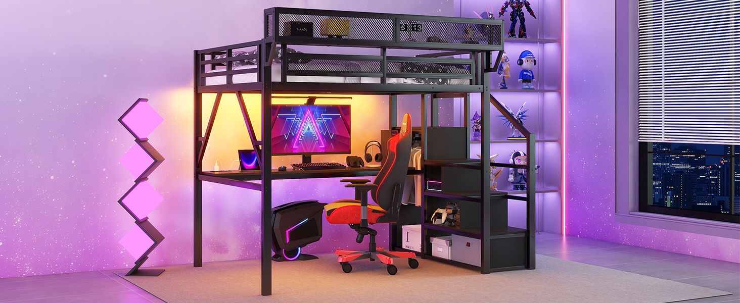 Metal Queen Size Loft Bed With Desk, Charging Station, Stairs And Light 25 Metal Queen Size Loft Bed With Desk, Charging Station, Stairs And Light