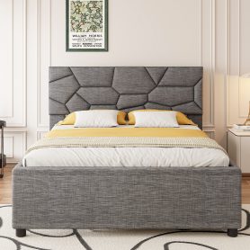 Queen Size Upholstered Platform Bed with Brick Pattern Headboard and Twin XL Size Trundle 26 Queen Size Upholstered Platform Bed with Brick Pattern Headboard and Twin XL Size Trundle