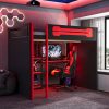 Full Size Wooden Gaming Loft Bed with Storage Shelves, Desk, USB & Power Outlet, and LED Light