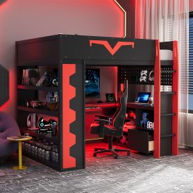 Full Size Gaming Loft Bed with Integrated Desk & RGB LED Lights, Pro-Gamer Bed with Power Outlet, Large Bookshelf, Pegboard, Keyboard Tray & Storage Drawer