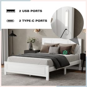 Queen Size Bed with Tall-Panel Headboard & Footboard, Built-in LED Lights, USB Charging Station