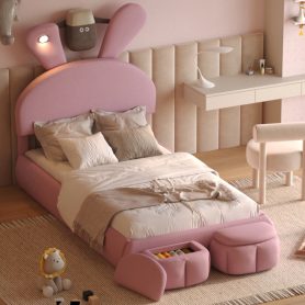 Twin Size Upholstered Platform Bed With Cartoon Ears Shaped Headboard And Light