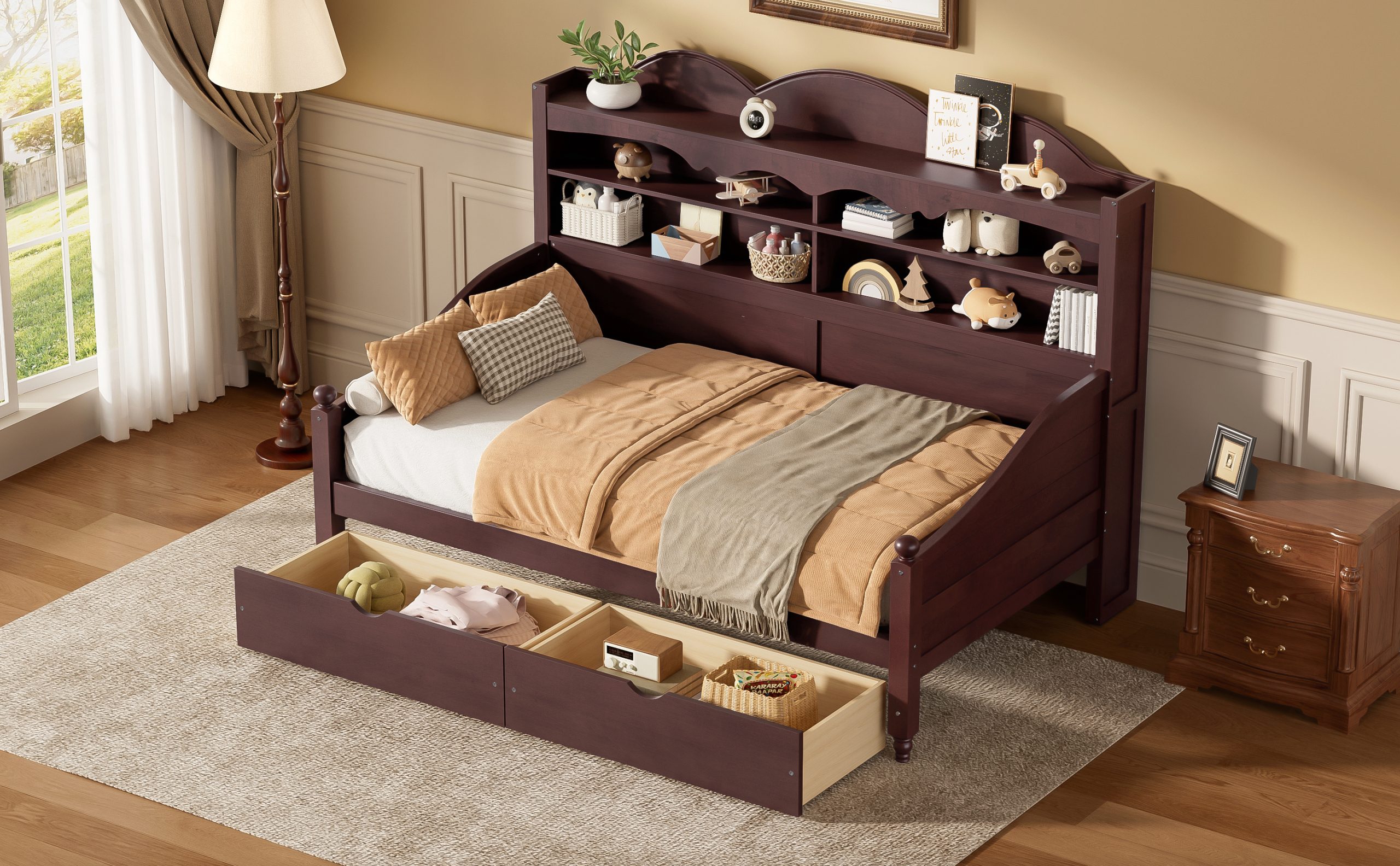 Wooden Twin Daybed With Storage Drawers and Storage Headboard Shelving 15 Wooden Twin Daybed With Storage Drawers and Storage Headboard Shelving